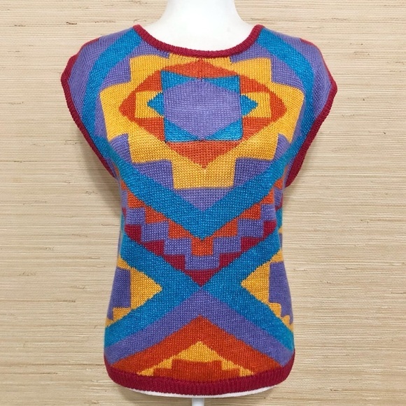 JEANNE PIERRE Sweaters - Renee Tener for Jeanne Pierre Multicolor Abstract Knit Linen Blend Sweater Vest